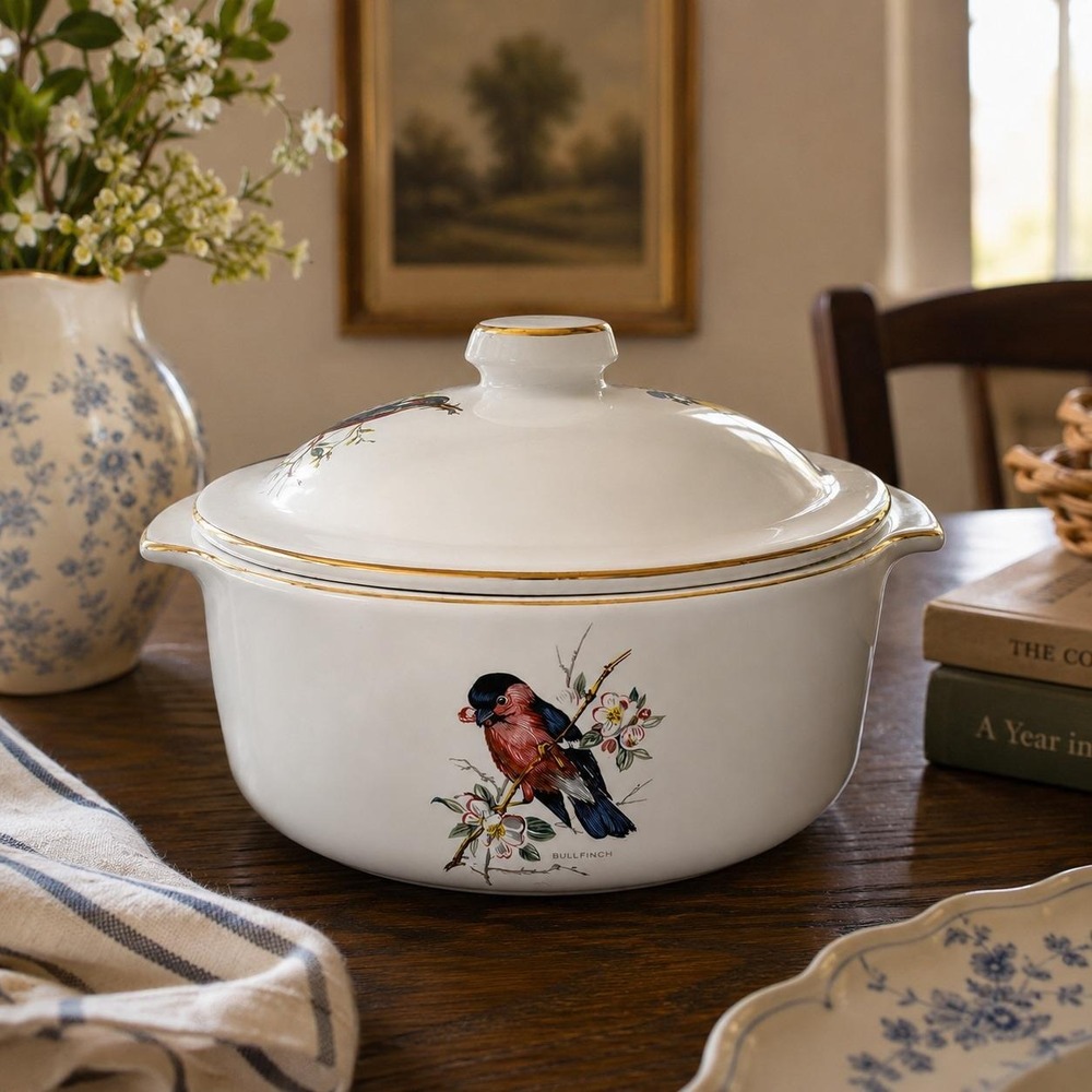 Vintage Pfaltzgraff Decorated Birds Covered Casserole Rare Gold Trim Dish